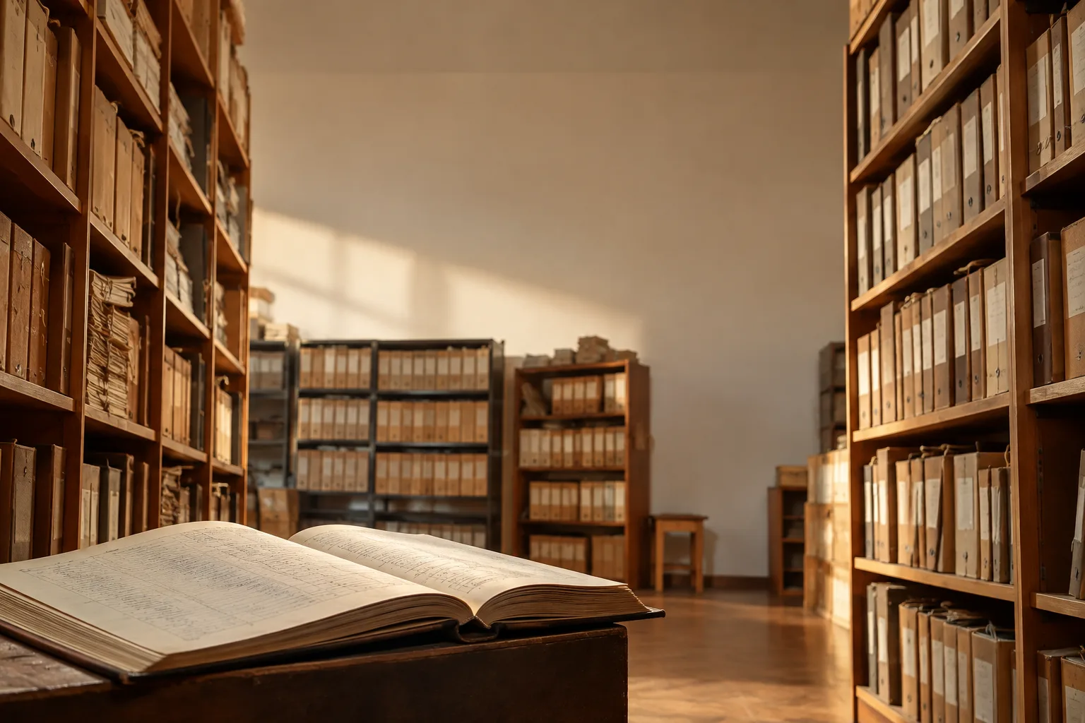 Документи для дослідження родоводу Архівні полиці та відкрита книга без написів