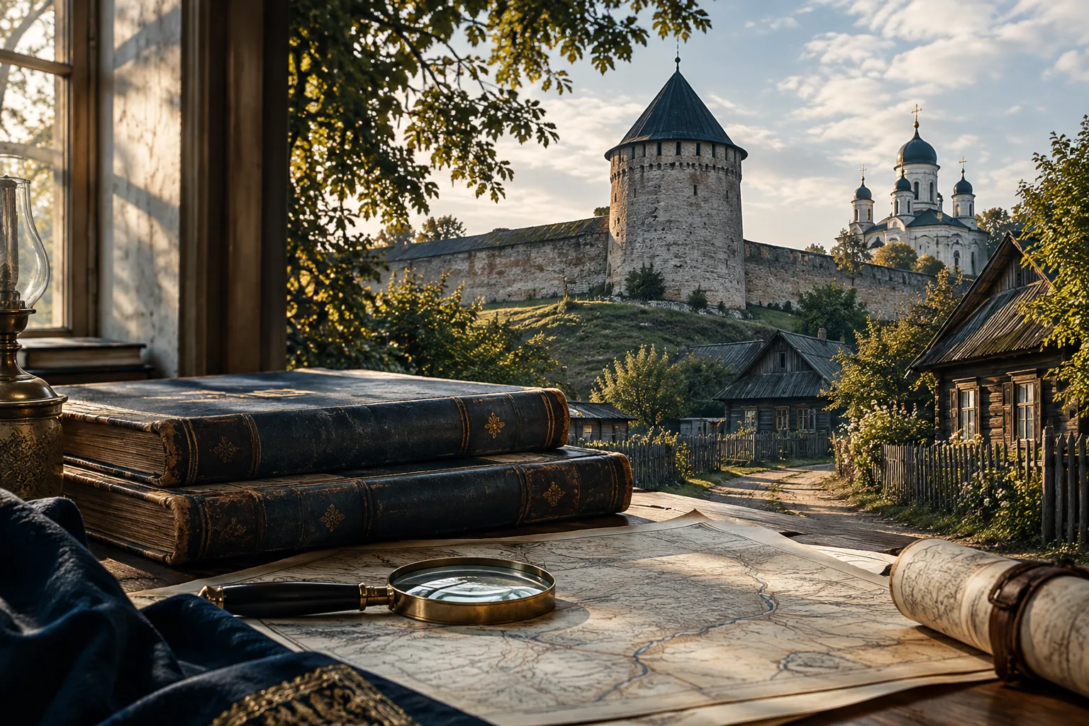 Пошук записів про предків у метричних книгах Старі метричні книги та лупа на архівному столі