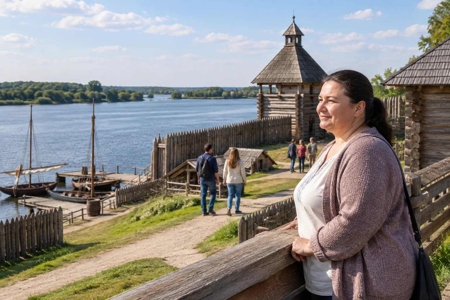 Відтворена козацька фортеця на березі річки Жінка стоїть біля дерев’яної огорожі відтвореної козацької фортеці над річкою, поруч пришвартовані човни