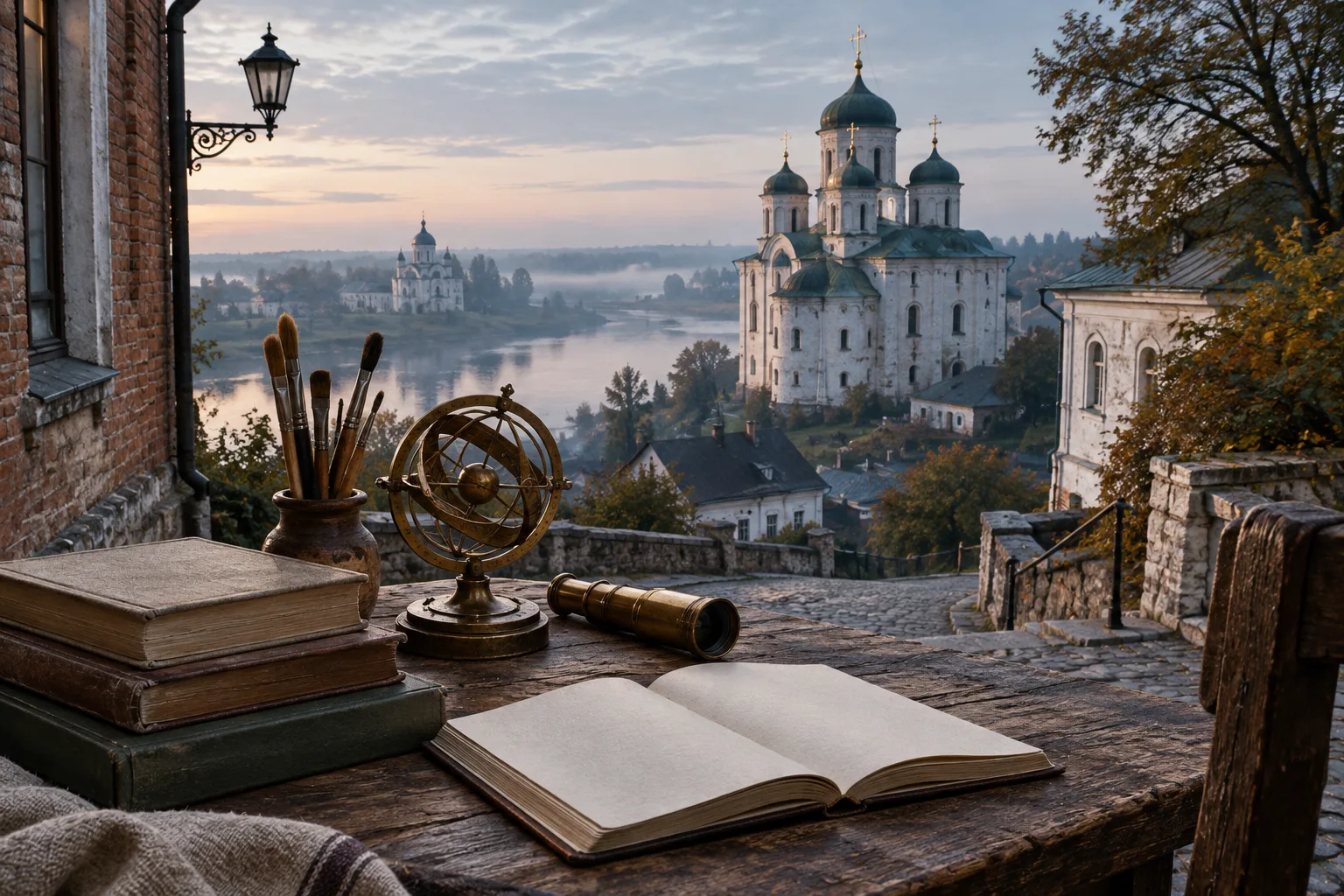 Література, наука й мистецтво в добірці українських постатей Книжки, наукові прилади та пензлі на столі